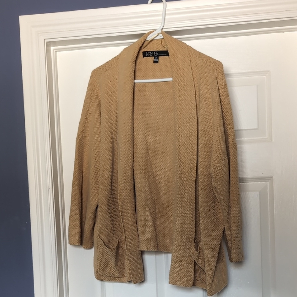 Kasper Tan Cardigan Sweater with Cropped Length and Ribbed Detailing